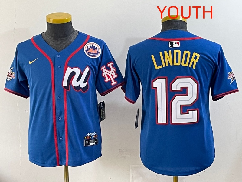 Youth 2025 New York Mets 12 Lindor Blue All star Nike MLB Jersey style 1